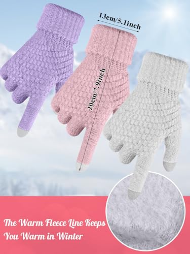 JaGely 6 Pcs Women Winter Beanie Hat Gloves Set Warm Knitted Hats and Touchscreen Gloves Lady Cold Winter Gifts for Christmas - color: White, Pink and Purple
