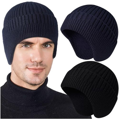 Heniho 2pcs Winter Beanies with Ear Flaps for Men Women, Warm Knit Earflaps Cap Thick Hats - color: B- Black, Navy Blue