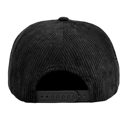 7 Panel Corduroy Cap – Structured Cotton Snapback Flat Bill Adjustable Unisex Streetwear Hat - color: Black