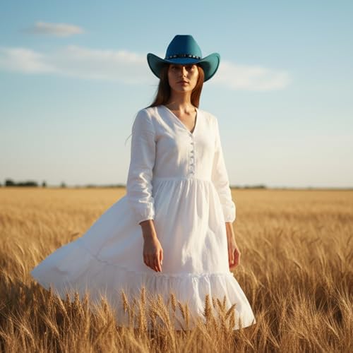 Western Cowboy Hat for Men Wide Brim Suede Cattleman Cowgril Hats - color: Black Belt /Peacock Blue