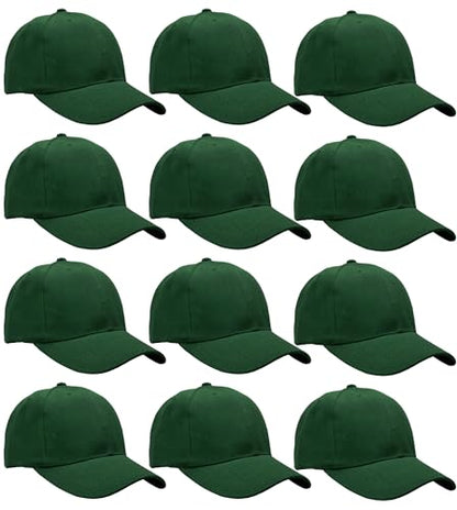 Falari Wholesale Bulk Lot 12-Pack Baseball Cap Adjustable Size Plain Blank Solid Color - color: Hunter Green