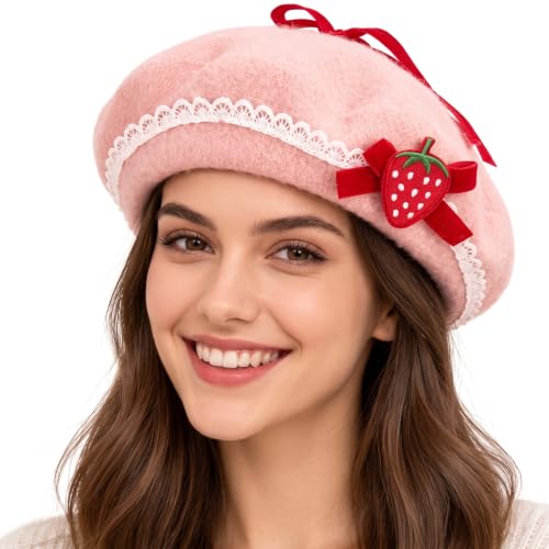 Coume Strawberry Beret for Women, Wool Felt French Beret Costume Hat - style: Pink