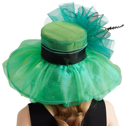 Women Organza Church Derby Hat Wide Brim Sun Caps for Wedding Tea Party Hat with Detachable hat Flower as Headgear - color: 10-green