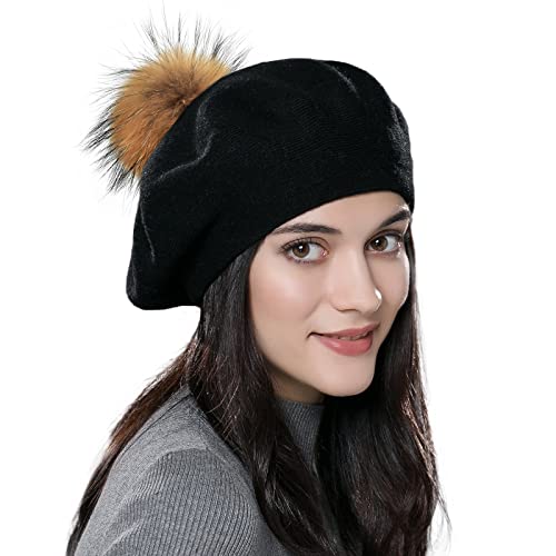 Womens Winter Beret Hat Knitted Beanie Cap Autumn Winter Hat French Classic Beret - color: Black+brown Pompom
