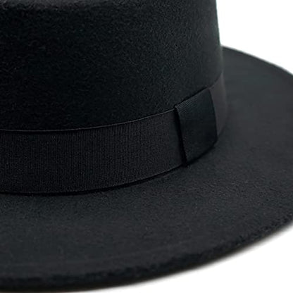 Pork Pie Hat for Men/Women, Wide Brim Felt Boater Fedora Church Derby Cap - color: Black-style 1