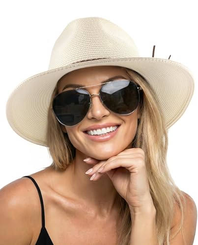 FURTALK Womens Wide Brim Sun Hat Beach Panama Fedora Straw Summer - color: Ivory, size: Large-X-Large