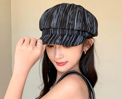 Womens Striped Octagonal Newsboy Cap Vintage Ivy Paperboy Cabbie Gatsby Painter Hats Fashion Beret Hat for Daily - color: Black