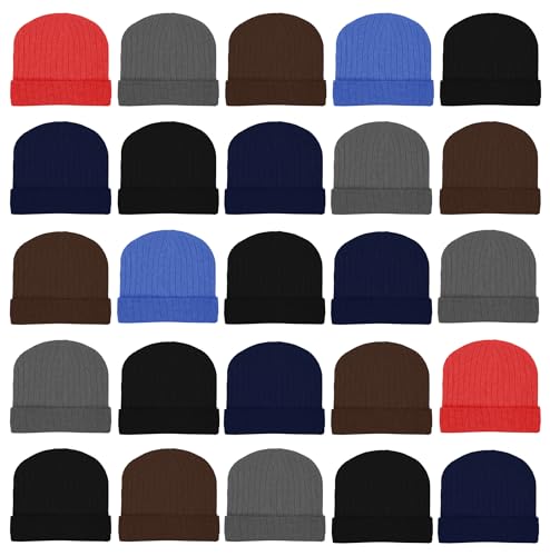 25 Pack Winter Beanie Hats, Unisex Thermal Toboggan Cold Weather Cuffed Caps Bulk Bundle - color: Assorted Colors (Ribbed)