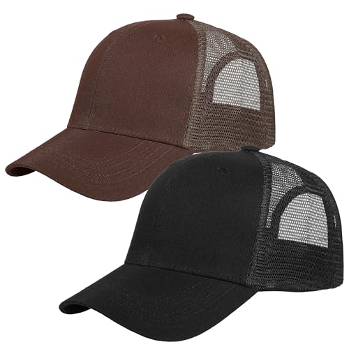 Falari Trucker Hat Baseball Cap Structured Plain Design 6 Panel, Adjustable Size - color: 2pk Black & Brown