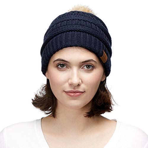 C.C Fur Pom Winter Fall Trendy Chunky Stretchy Cable Knit Beanie Hat - color: Solid Navy