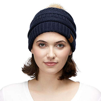 C.C Fur Pom Winter Fall Trendy Chunky Stretchy Cable Knit Beanie Hat - color: Solid Navy