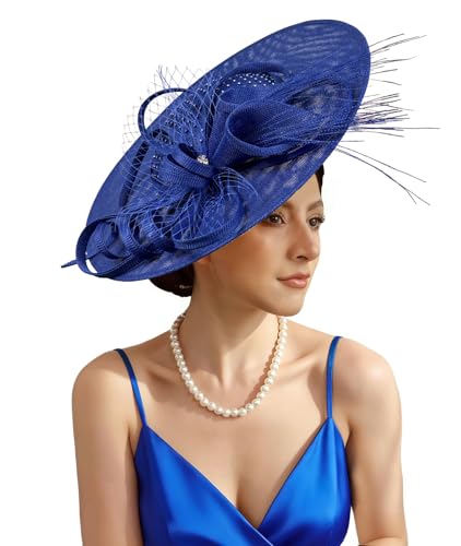 Unpifolov Fascinators Hats Elegant Women Flower Mesh Feathers Wedding Cocktail Bride Headband for Derby Hat Tea Party - color: Royal Blue