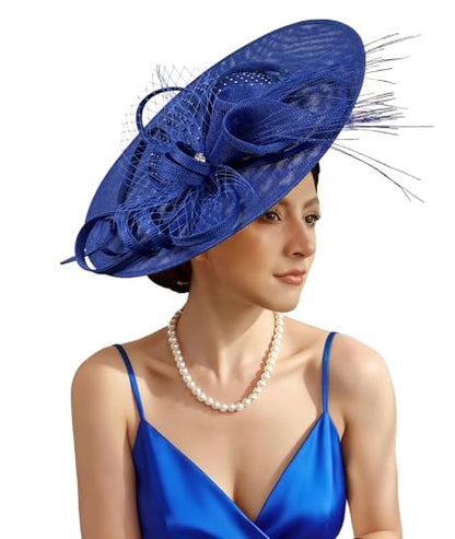Unpifolov Fascinators Hats Elegant Women Flower Mesh Feathers Wedding Cocktail Bride Headband for Derby Hat Tea Party - color: Royal Blue