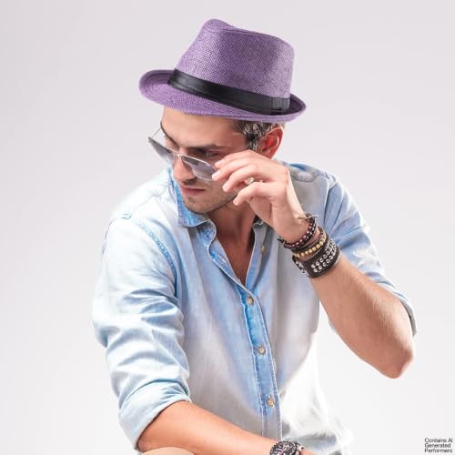 XL Straw Fedora Hats for Men Summer Trilby Beach Travel Panama Casual 7 1/2 - color: Purple