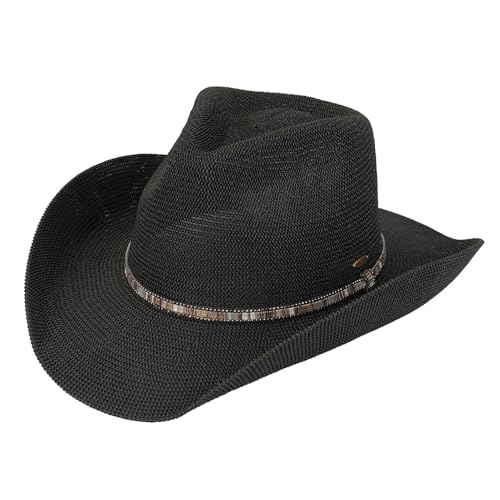 C.C Knitted Cowboy Hat for Women Lightweight Woven Western Hat with Multicolor Trim Band, Wide Brim Summer Sun Hat - color: Black