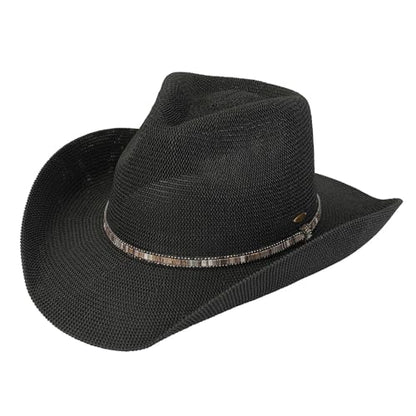 C.C Knitted Cowboy Hat for Women Lightweight Woven Western Hat with Multicolor Trim Band, Wide Brim Summer Sun Hat - color: Black