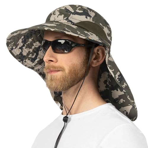 SUN CUBE Wide Brim Sun Hat with Neck Flap for Men Women, UPF50+ Fishing - color: Green Camo