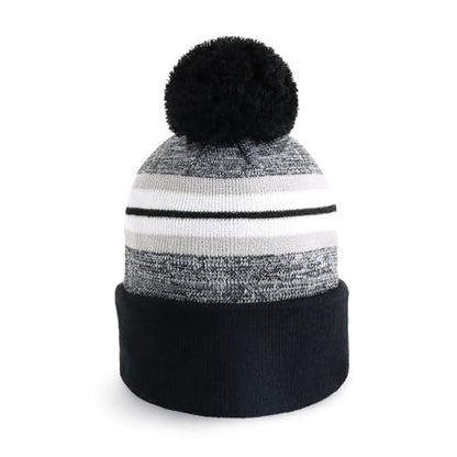 Pom Pom Beanie Cuffed Knit Winter Hat Skull Cap Striped Novelty Men Women - color: (Black)