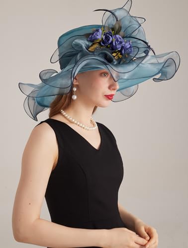 Women Derby Church Hat Organza Flower Wedding Tea Party Fascinator Wide Brim Sun Hat - color: 13-cyan