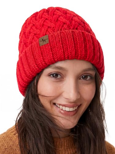 Winter Hats for Women Cable Knit Chunky Skull Cap Fleece Lined Thick Fold Cuff Beanie hat - color: Red, style: Pineapple