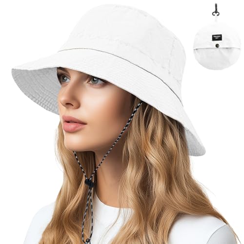 NPQQUAN Sun Bucket Hats for Woman Men Lightweight Sun Hat Packable Foldable - color: (White)