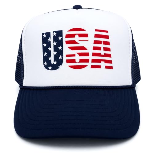 American Flag Patriotic USA Classic 5 Panel Mesh Snap Back Trucker Hat - color: Navy - Usa