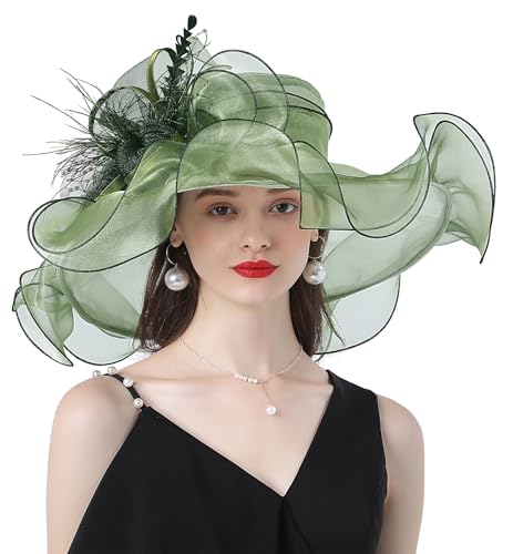 ORIDOOR Women Hats Headband Hairpin Organza Fascinator Church Hat Floral Tea Party Wedding Hat - color: 013e Green