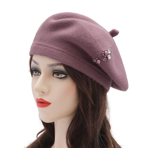 ZLYC Women French Beret Hat Winter Knitted Stretchable Beret Artist Cap - color: Rhinestone Lavender