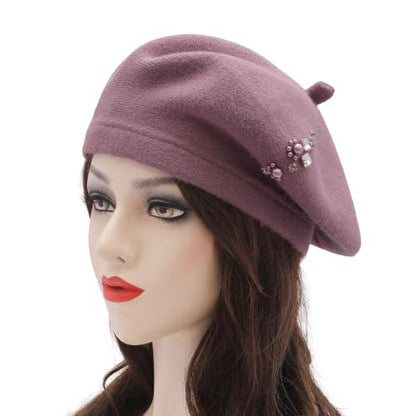 ZLYC Women French Beret Hat Winter Knitted Stretchable Beret Artist Cap - color: Rhinestone Lavender