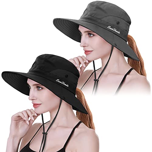 IYEBRAO 2 Pack Womens Ponytail Sun Hat UV Protection Bucket Hats Foldable Wide Brim Summer Boonie Beach Cap Fishing Hiking… - color: Black & Grey