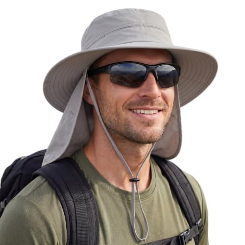 Connectyle Wide Brim Sun Hat for Men Women UPF 50+ Breathable Fishing Hat with Neck Flap Outdoor Hiking Safari Bucket Hats - color: Light Grey