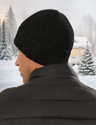 Wool Beanie Hat for Mens Unisex Winter Hats Womens Adults Cuffed Beanies Hiking Knit Skull Cap Warm Fisherman Beanie - color: Black