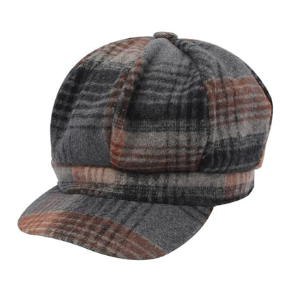 ZLYC Women Classic Newsboy Cap Visor 8 Panel Gatsby Cabbie Paperboy Hat - color: Plaid Brown and Gray