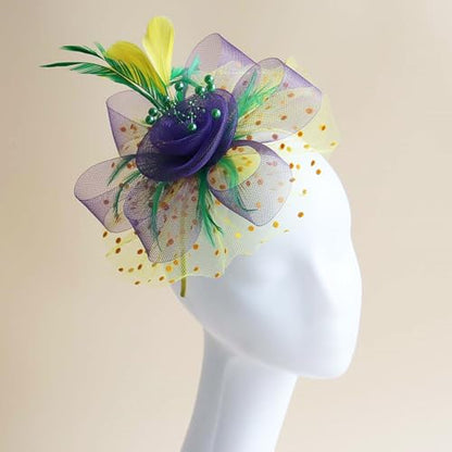 WLBON Fascinators Hat 20s 50s Headband Hair Clips Flower Feather Headpiece Headwear Women Halloween Carnival Cocktail Wedding Church Cosplay Dress Up Birthday Tea Party Accessories Purple Green Yellow - color: Purple Green Yellow