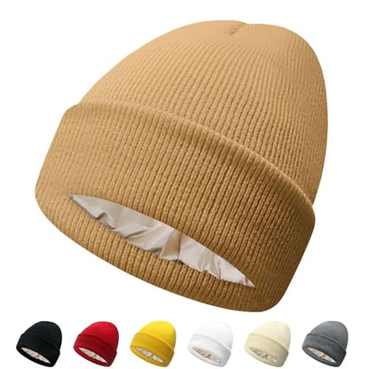 PFFY Satin Lined Beanie for Women Winter Hats Warm Reduce Frizz - color: Khaki
