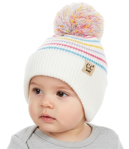 Funky Junque Baby Pom Pom Beanie – Soft Knit Infant Winter Hat for Baby Girls & Boys, Cozy Warm Newborn Beanie 0–12 Months - color: Striped Earflap - Ivory/Multicolor