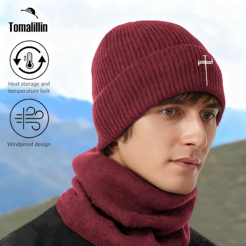 Winter Beanie for Men Women Fleece Lined Beanies Hats Soft Warm Thick Knit Hat - color: Wine Red