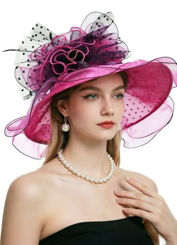 ORIDOOR Women Organza Fascinator Church Derby Hat Floral Tea Party Wedding Hat - color: 003f-rose