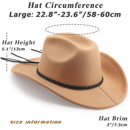 DRESHOW Western Cowboy Hat for Men Women Cowboy Cowgirl Hat Outdoor Wide Brim Retro Felt Fedora Hats Unisex Rolled up Caps - color: 1 Pack Style 8: Camel