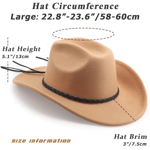 DRESHOW Western Cowboy Hat for Men Women Cowboy Cowgirl Hat Outdoor Wide Brim Retro Felt Fedora Hats Unisex Rolled up Caps - color: 1 Pack Style 8: Camel
