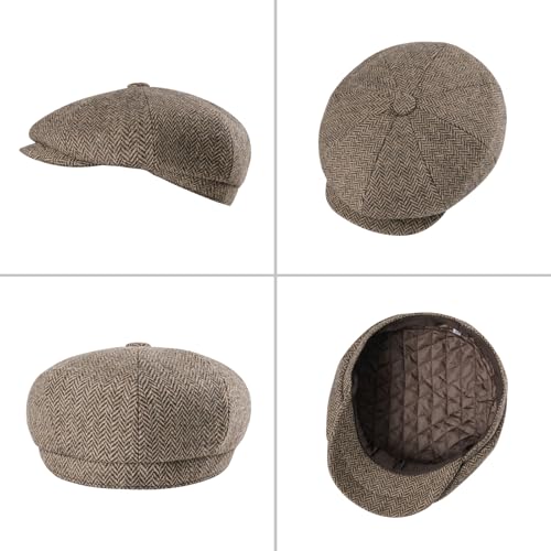 FEINION Men 8 Panel Herringbone Wool Newsboy Cap - color: Herringbone Khaki, size: 7 1/8