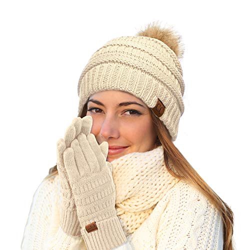 C.C Hatsandscarf Exclusives Unisex Solid Ribbed Beanie with Pom (HAT-43) - color: A Gift Set-beige