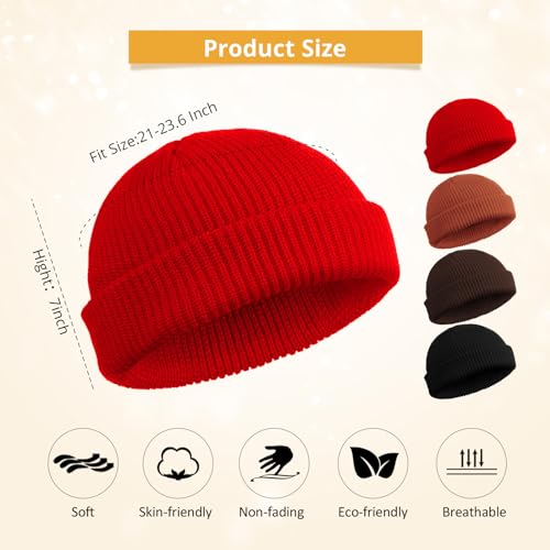 SATINIOR 4 Pieces Trawler Beanie Watch Hat Roll up Edge Skullcap Fisherman Beanie Unisex - color: Black, Red, Coffee, Dark Caramel, size: One Size