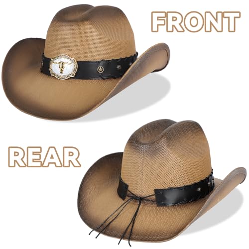 WQWOVRVO Cowboy Hat,Cowgirl hat,Brown Cowboy Hats for Women/Mens Straw Wide with Shapeable Brim Western Cowboy Hat for Womens - color: Camel & Brown