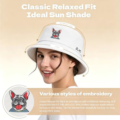 ZLYC Cotton Bucket Hat for Women Men Embroidered Packable Summer Sun Cap - color: Bulldog White