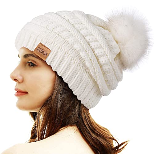 REDESS Women Winter Pom Pom Beanie Hat with Warm Fleece Lined - color: White