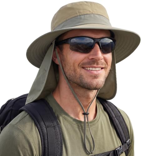 Connectyle Wide Brim Sun Hat for Men Women UPF 50+ Breathable Fishing Hat with Neck Flap Outdoor Hiking Safari Bucket Hats - color: Light Khaki Green