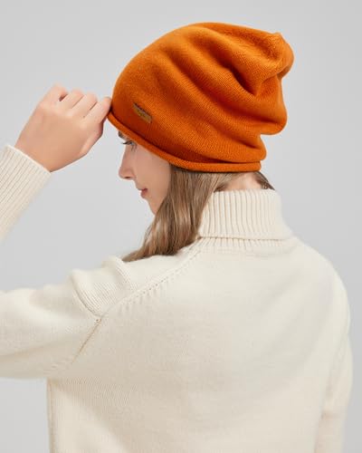 100% Merino Wool Slouchy Beanie Hat, Women Warm Winter Caps Soft, Ladies Breathable & Cozy Stretchy Knitted Skull Cap - color: Orange