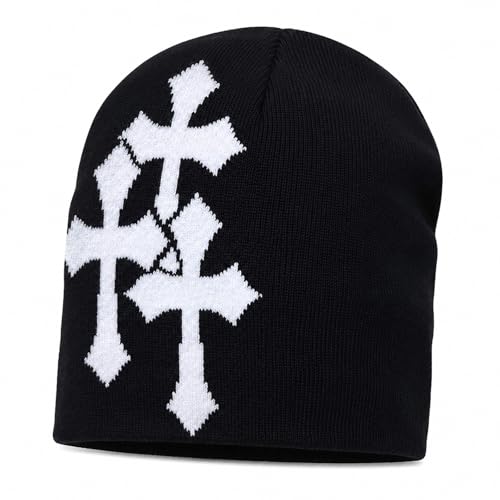 Y2K Beanie for Men Women Cross Graphic Knitted Hat, Slouchy Winter Warm Cap, Grunge Goth Cyber Aesthetics, Black - color: Black-white1