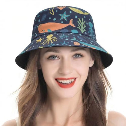 ZLYC Printed Bucket Hat for Women Men Packable Summer Sun Hat for Beach - color: Sea Life Navy